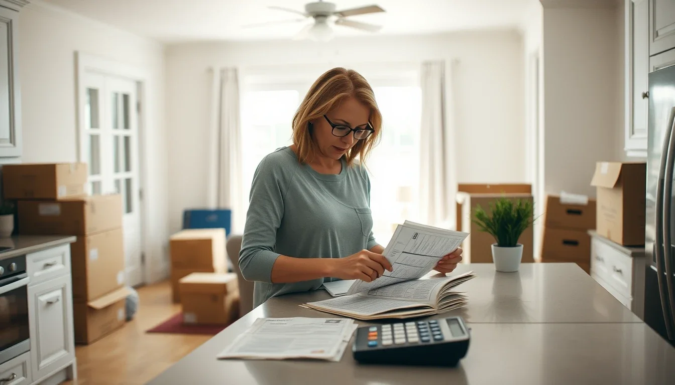 A woman in glasses at a kitchen counter in an American suburban home with moving boxes stacked behind her, reading through a bundle of old bank statements beside a calculator, a US citizen back from the UK working out which foreign accounts fall into the Streamlined Domestic penalty base