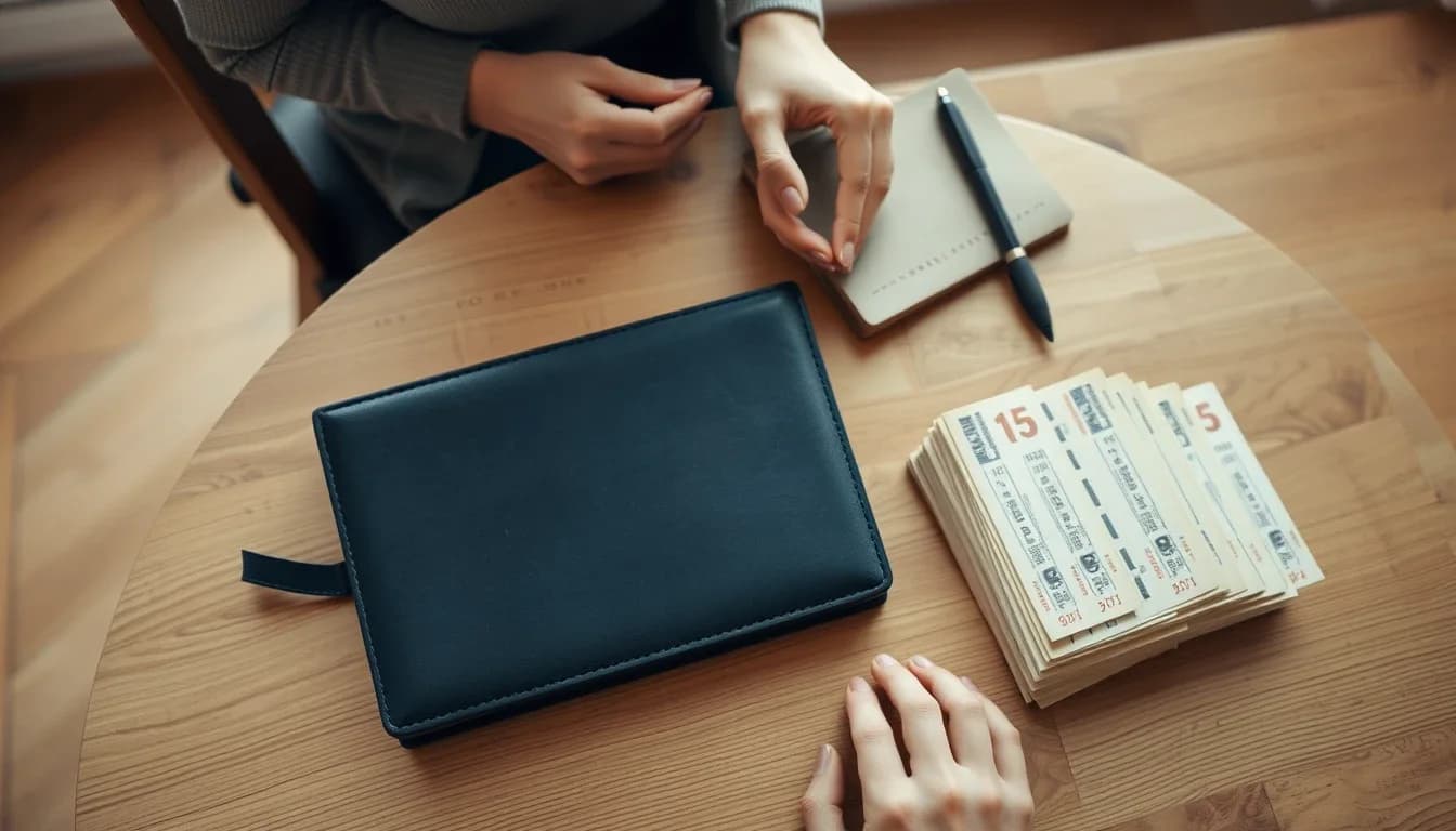 Hands sort a stack of old travel ticket stubs, a dark leather travel wallet and a small notebook with a pen on a round wooden table, gathering the records that show time spent outside the US