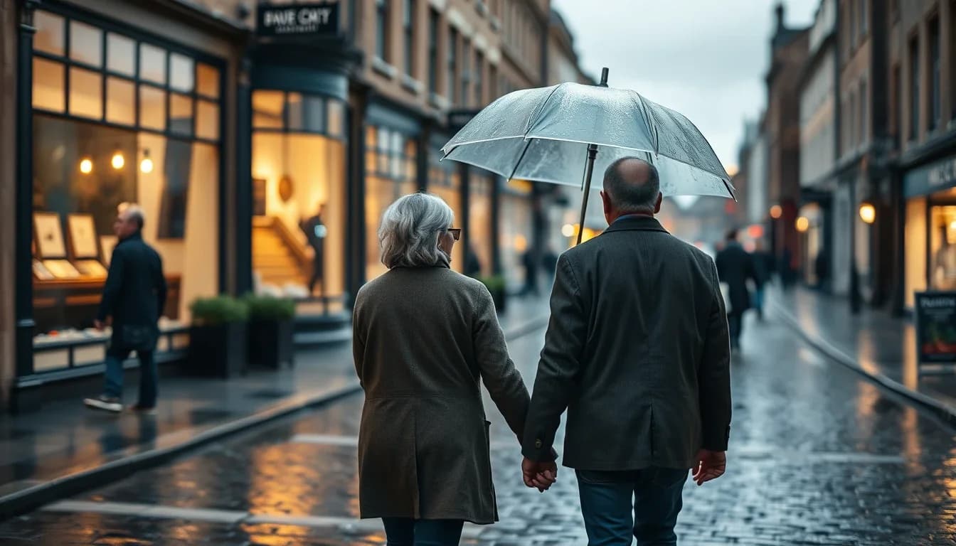 An older couple seen from behind walking hand in hand under a clear umbrella along a wet cobbled shopping street at dusk, warm shop windows glowing, a US citizen and a British spouse whose finances are bound up in a Streamlined catch-up