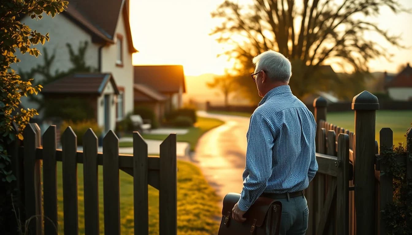 A grey-haired man in a checked shirt holding a leather satchel at the wooden gate of an English cottage at golden hour, looking down the lane, a US citizen in Britain who caught up through Streamlined years ago and now finds something was missed