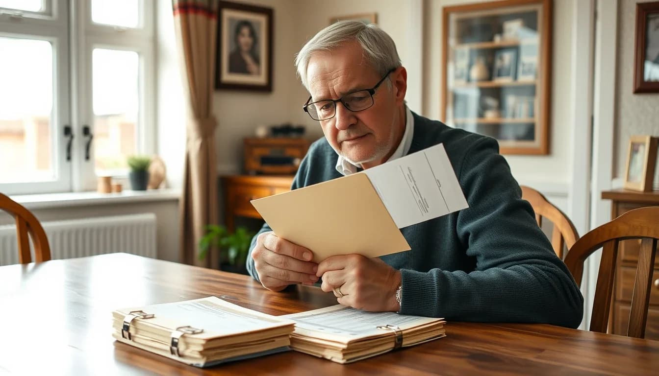 A grey-haired man in glasses at a dining table in a British home draws a sheet of paper from an opened envelope, two clipped bundles of old paperwork in front of him, checking whether late US returns produce a refund