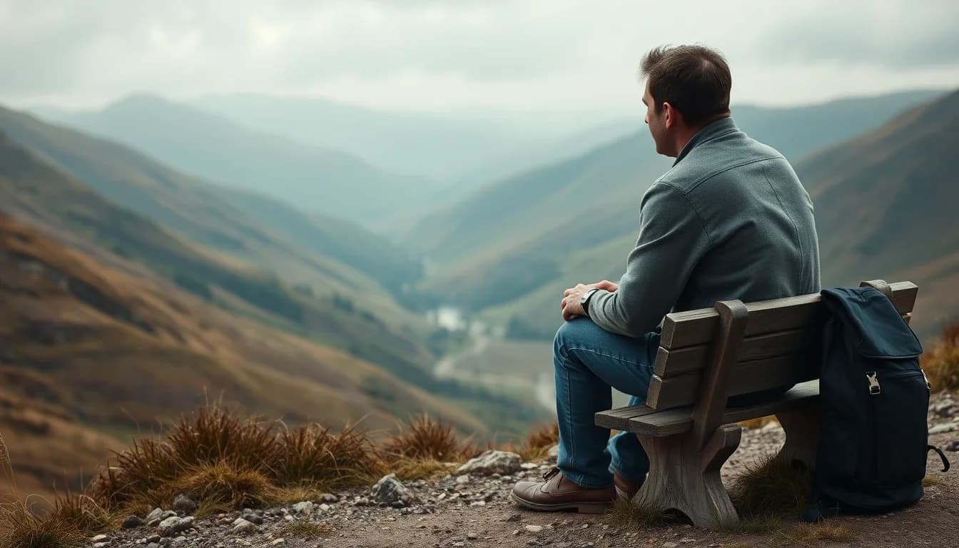 A man sitting alone on a wooden bench on a Lake District hillside with a backpack beside him, looking out over a misty valley, a US citizen in Britain weighing whether his past conduct fits Streamlined or the voluntary disclosure practice