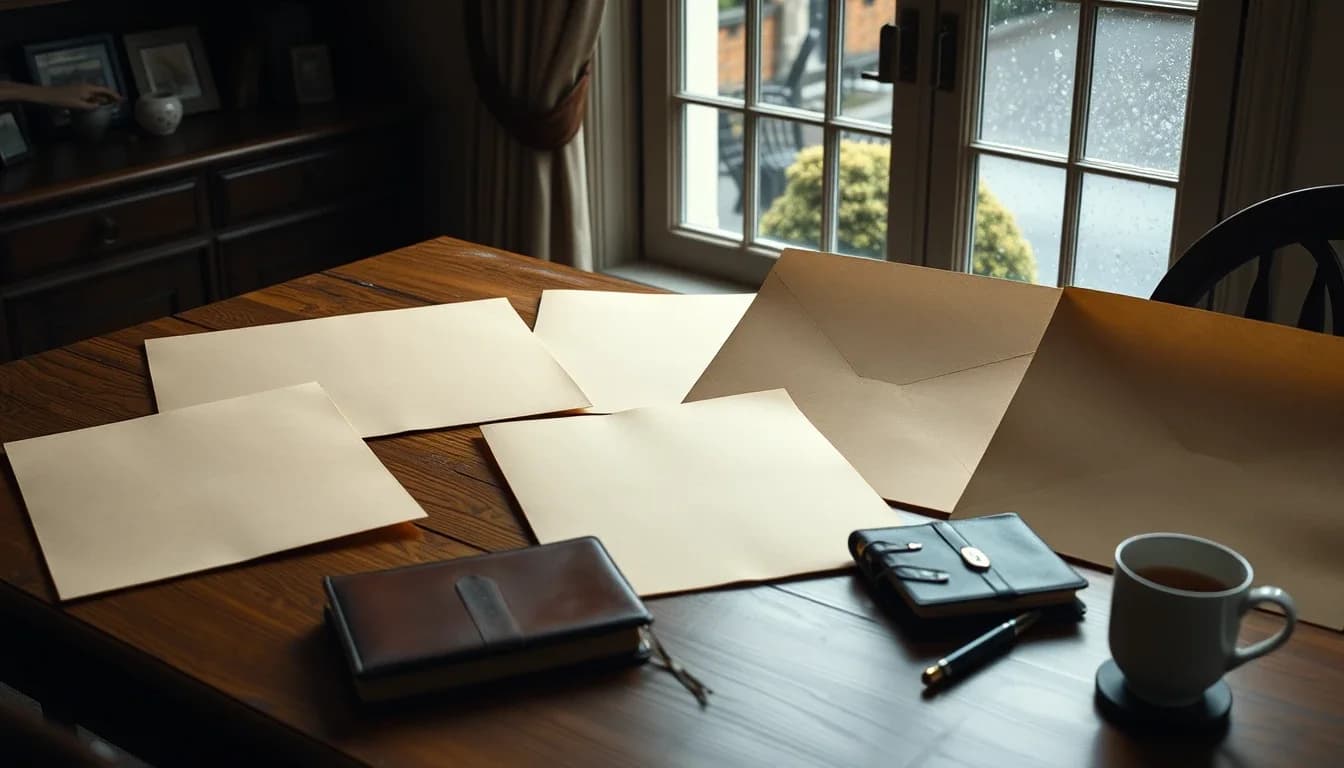 Blank cream papers and large envelopes spread across a wooden dining table by a rain-speckled window, with two leather diaries, a fountain pen and a mug of tea, as someone works out which years of US returns and FBARs to prepare