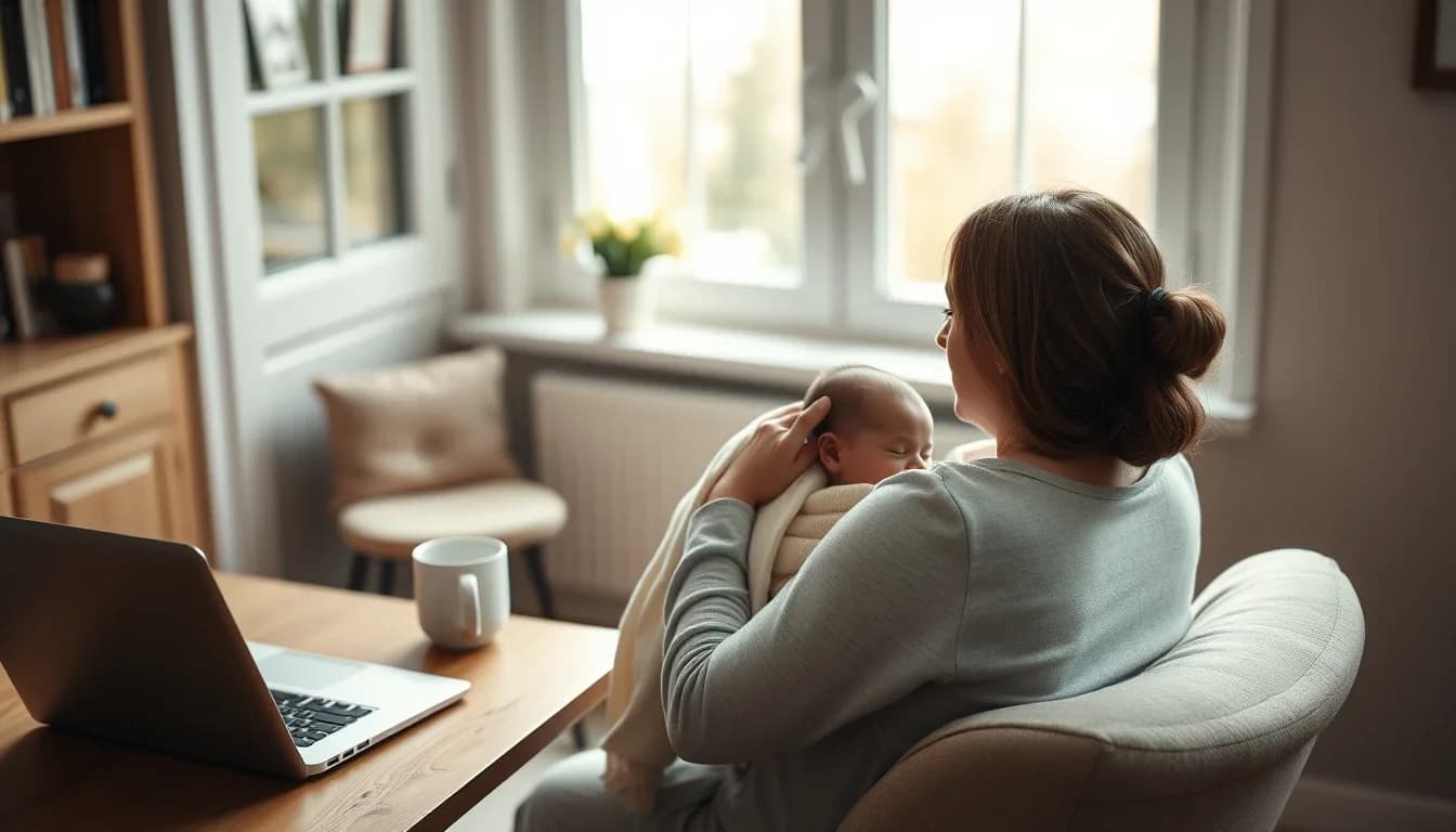 A mother seated in a bright British living room holding a sleeping newborn wrapped in a cream blanket, with a closed laptop and a mug of tea on a wooden table beside her