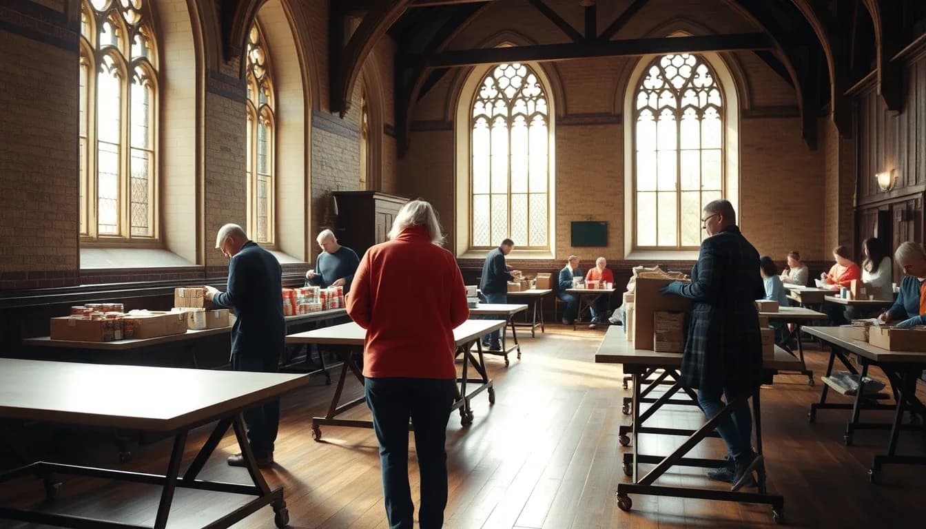 Volunteers sorting donated tins and boxes on trestle tables in a tall English church hall lit by arched windows, the kind of UK charity an American donor may want to support
