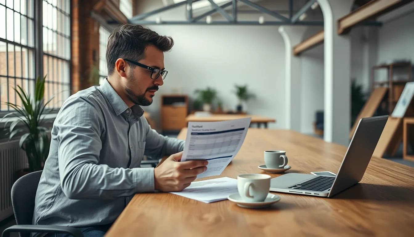 A man in glasses at a long oak table in a converted warehouse office reads a printed statement next to a laptop and two coffee cups, reviewing dividends paid by his UK company