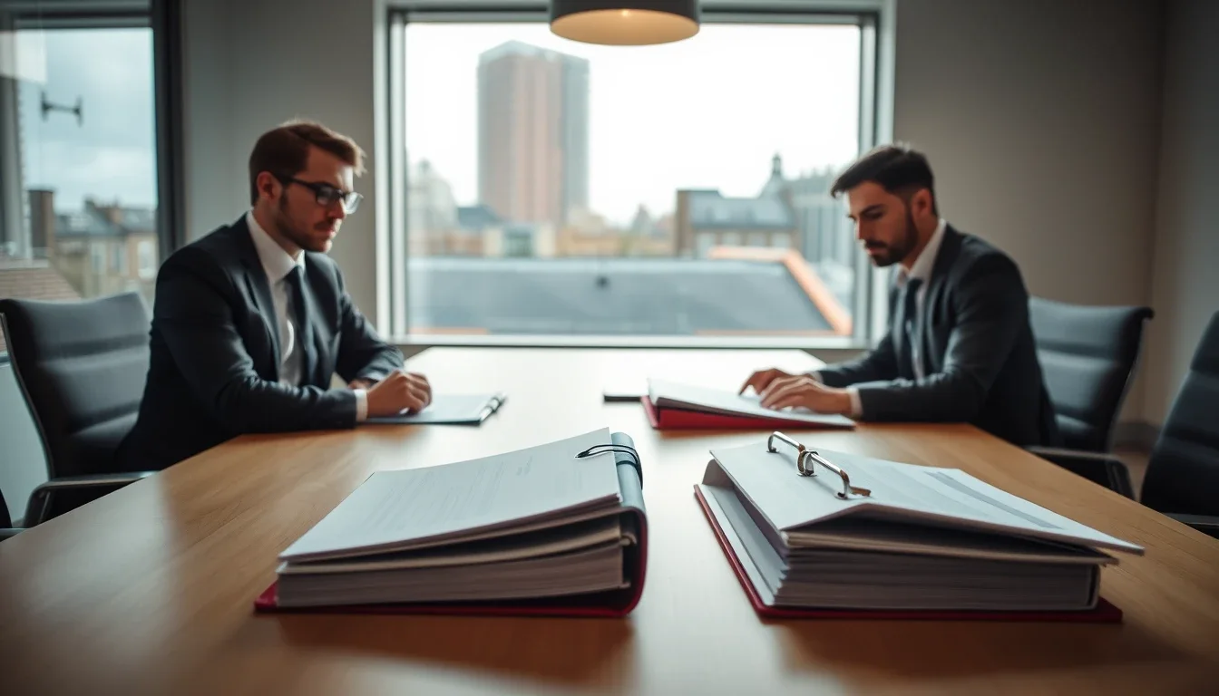 Two men in suits work at either end of a long boardroom table in a London office with rooftops behind, two open ring binders of company accounts in the foreground, the records of a UK parent and its US subsidiary