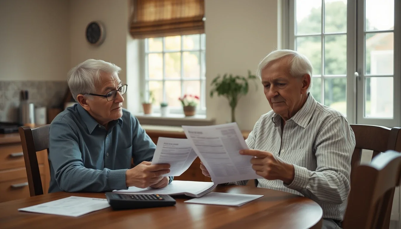 Two older people at a kitchen table in an English home comparing dividend statements and a calculator, weighing a higher UK dividend tax bill