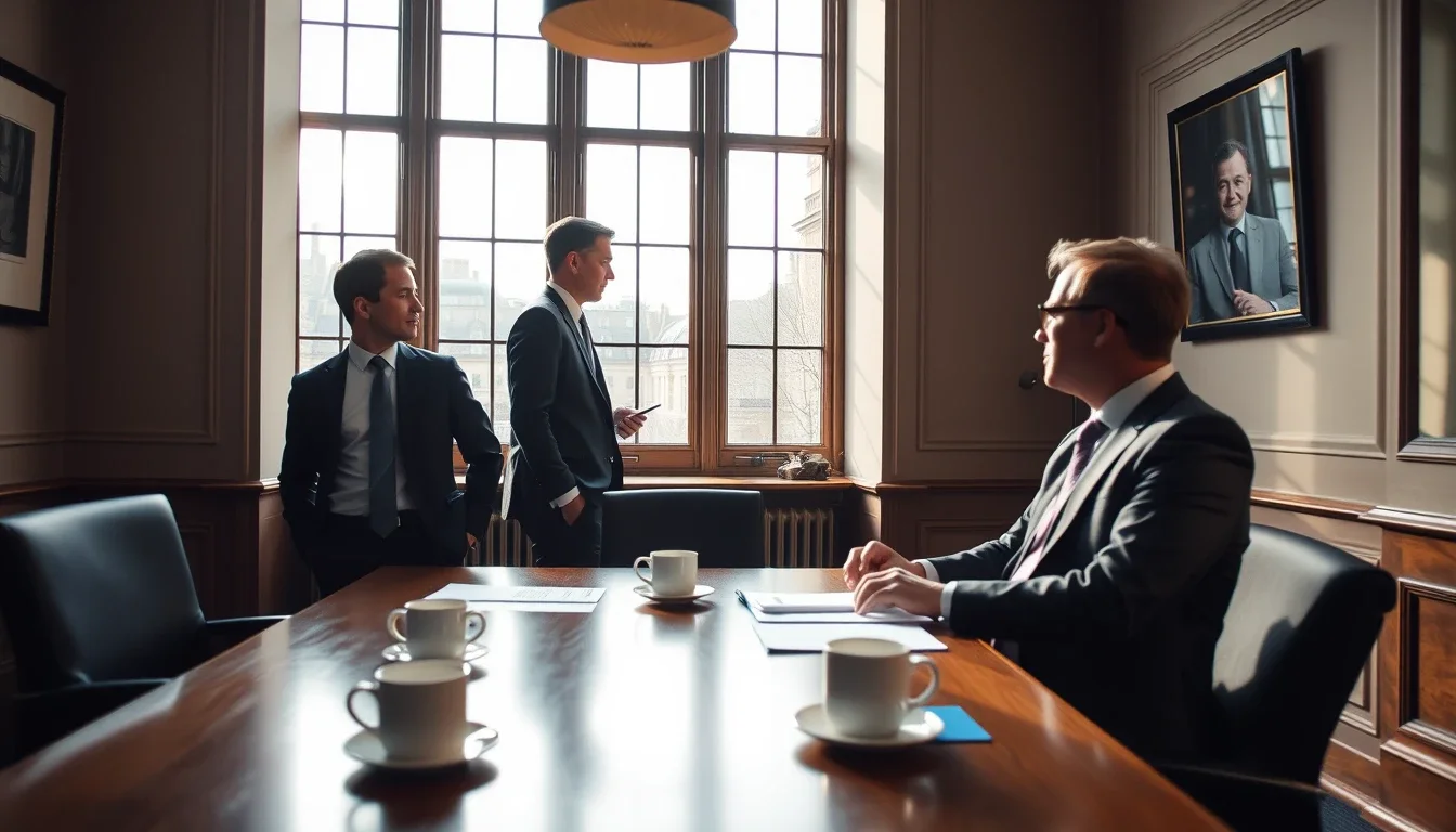 Three men in dark suits in a panelled meeting room of a Georgian building, two by the tall sash window and one seated at a table with papers and coffee cups, partners of a UK limited liability partnership that may include a US citizen