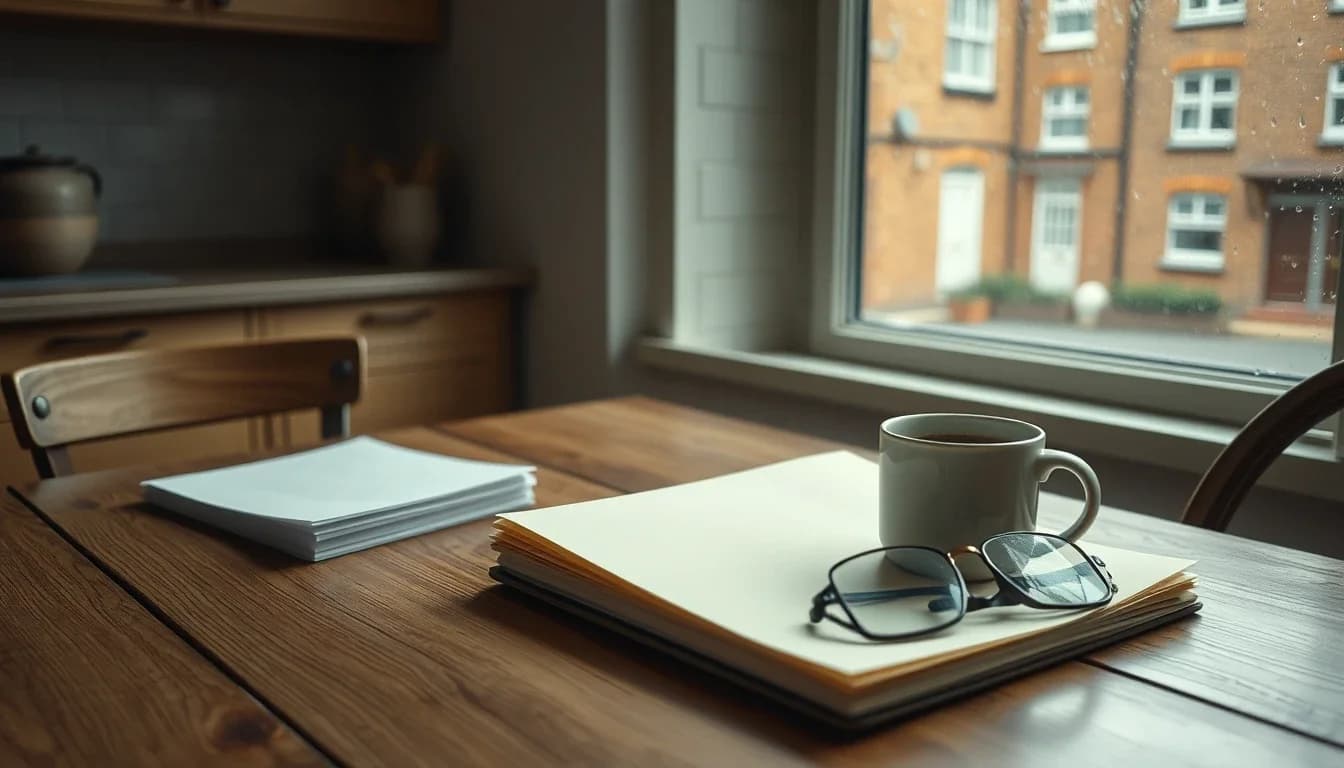 A wooden kitchen table with a stack of blank paper statements, a closed folder, a mug of tea and reading glasses, beside a rain-streaked window overlooking a brick terraced street in the UK.
