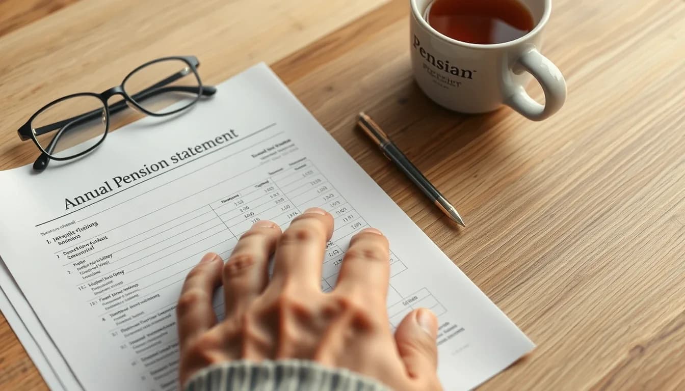 A UK workplace pension annual statement on a table beside reading glasses, reviewed for FBAR reporting