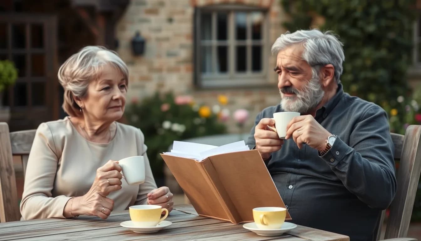 A retired couple with cups of tea at a garden table outside a stone cottage, looking through a folder of papers as they decide whether to take a UK pension lump sum
