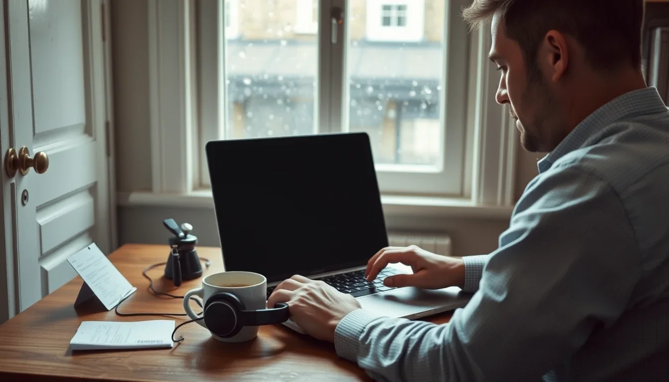 A man types on a laptop at a wooden desk by a rain-streaked sash window in a London home, with headphones, a mug of coffee and payslips beside him, working in the UK for an employer based in the US