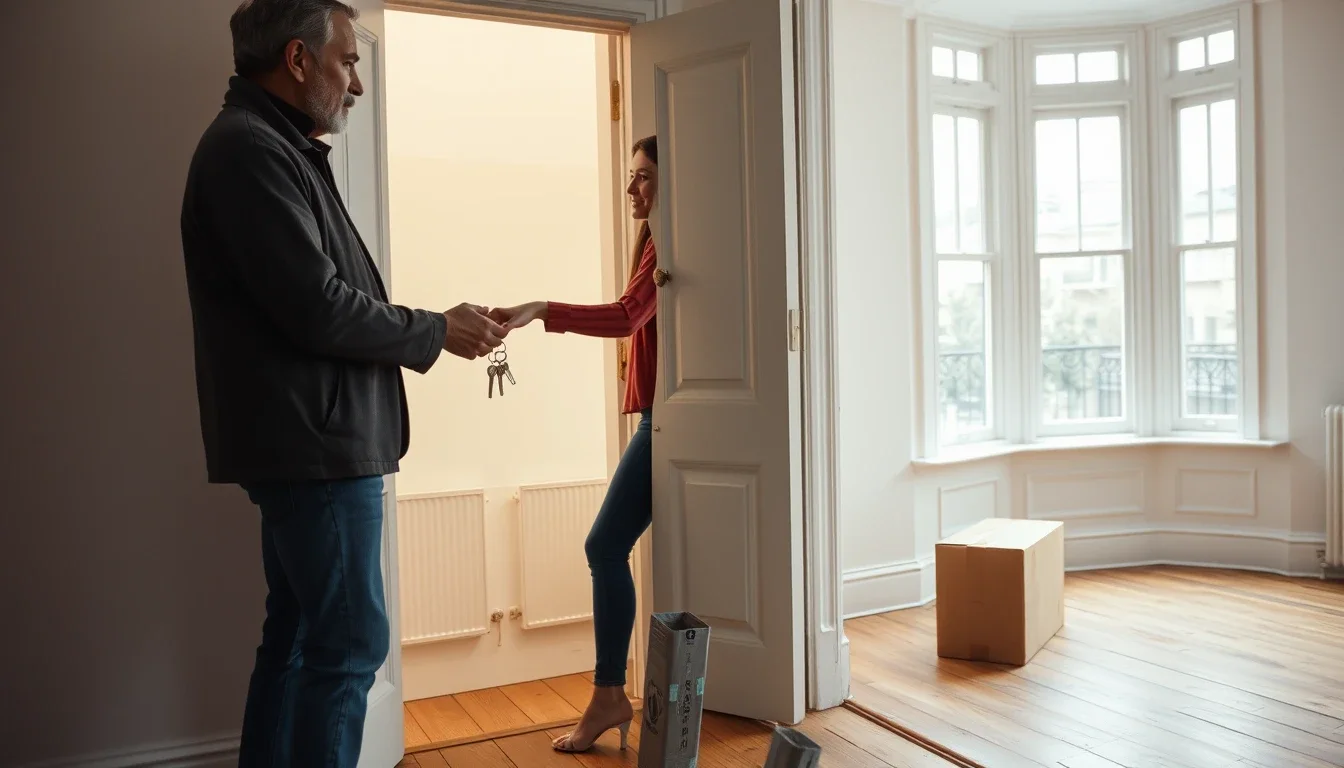A landlord handing a bunch of keys to a young tenant at the door of an empty, freshly painted London flat with a bay window, bare floorboards and a moving box, a US citizen letting out a UK property