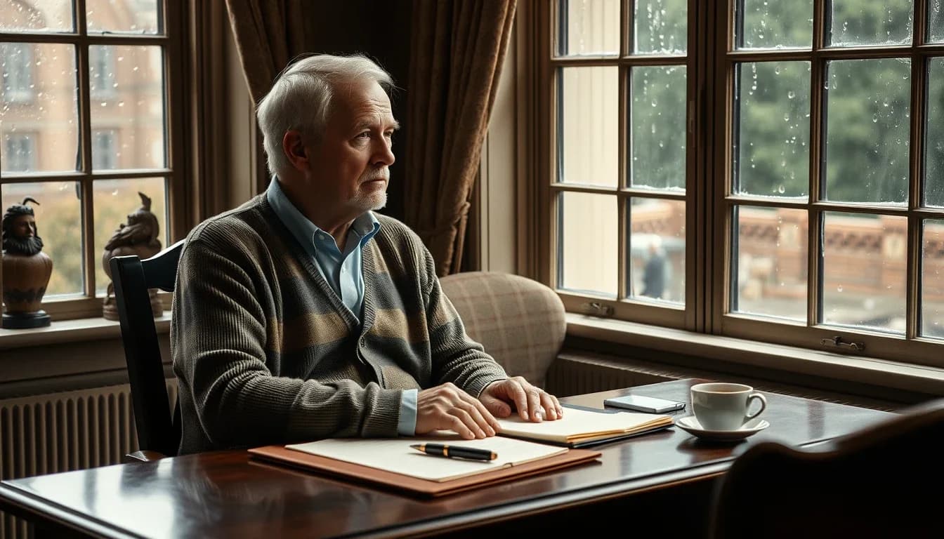 An older man in a cardigan sits at a desk by a rain-streaked window in an English sitting room, a leather folder, notepad, fountain pen and coffee cup in front of him, deciding when to sell his US shares