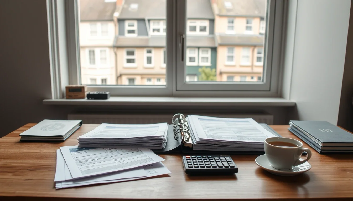 A wooden desk by a window overlooking terraced houses, with stacks of share contract notes, an open ring binder of broker statements, a calculator and a cup of tea, the records needed to work out a UK pool cost and US lot basis