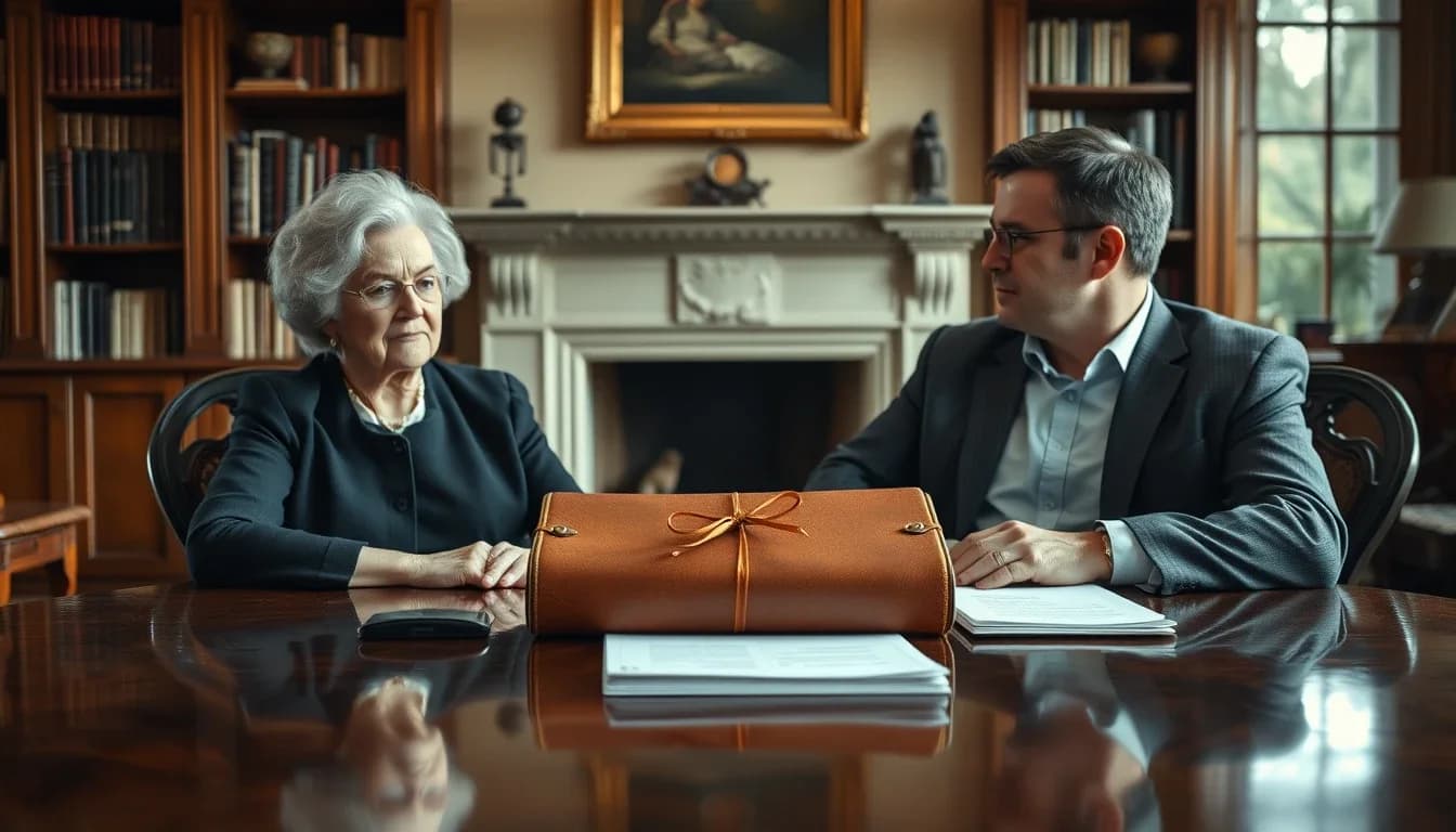 An older woman and her adult son sit across a polished mahogany table in a book-lined English drawing room, a ribbon-tied leather document folder and papers between them, discussing a family trust