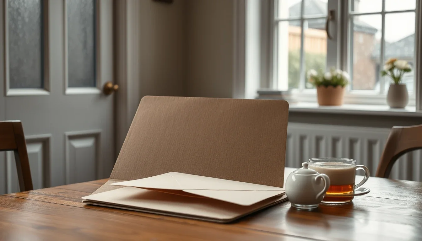 A plain brown cardboard folder and a sealed envelope on a wooden kitchen table beside a cup of tea, with a rain-streaked window behind, in a British home.