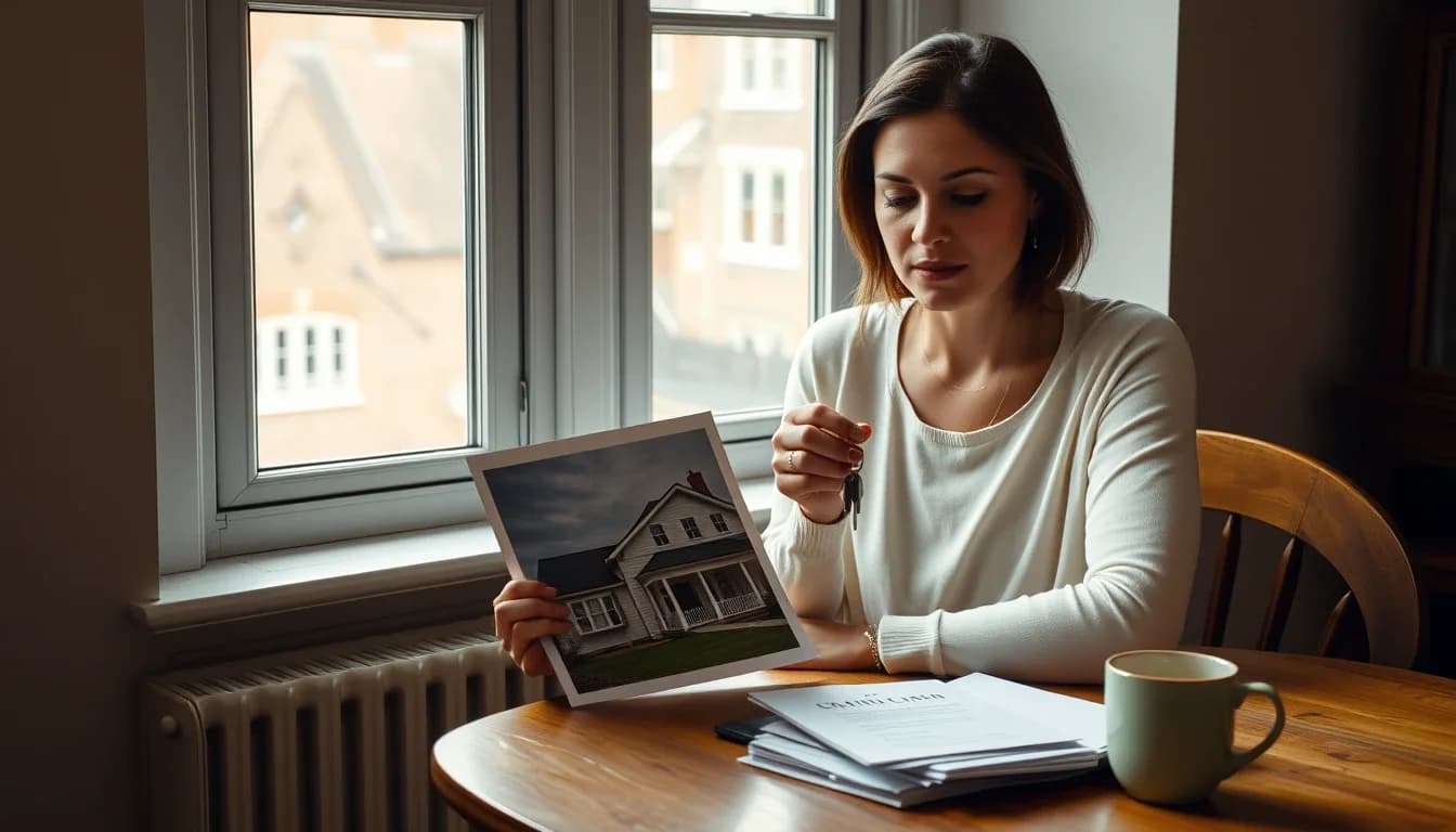 A woman at a wooden table by the window of a British home holds a set of keys and a photograph of a white clapboard American house with a front porch, papers and a mug of tea beside her, an American in the UK who still lets out a house in the US