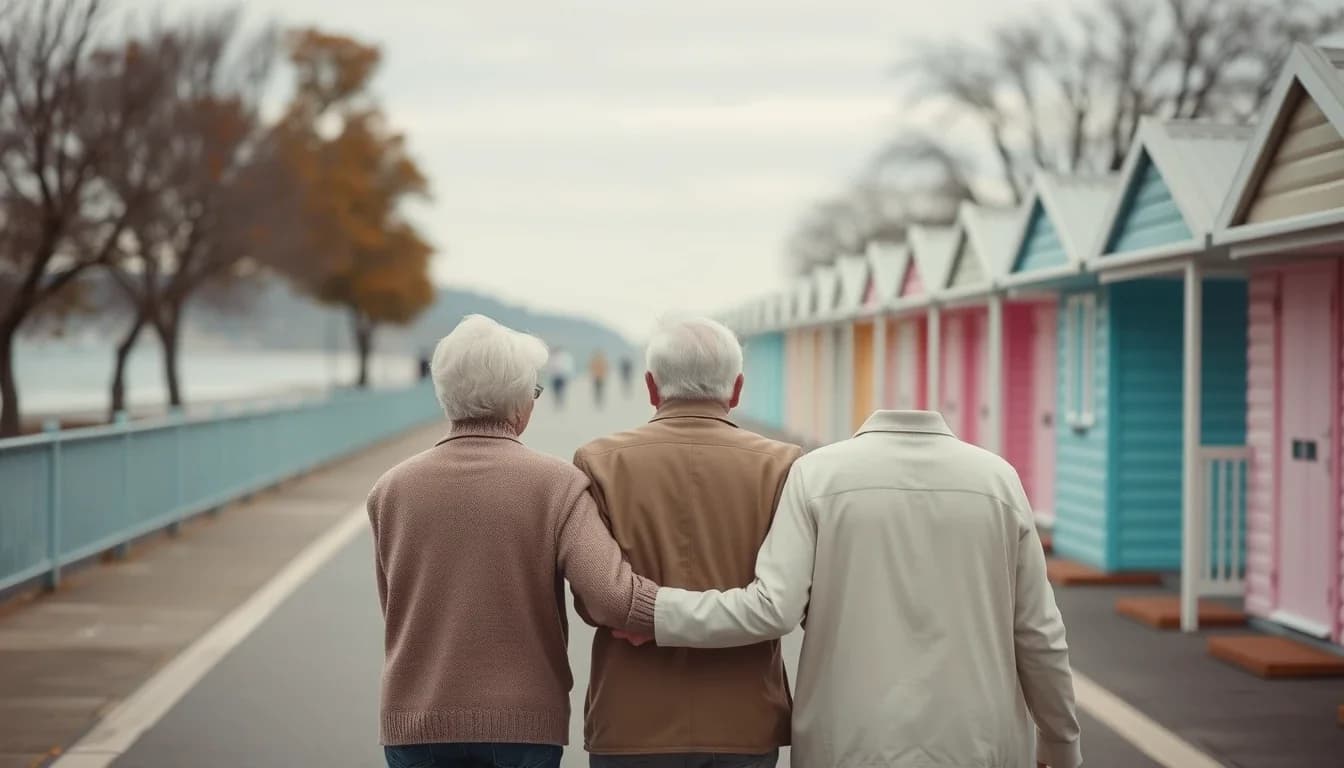 Three older people walking arm in arm, seen from behind, along a seaside promenade lined with pastel beach huts on an autumn day, retirees in Britain who may draw US Social Security