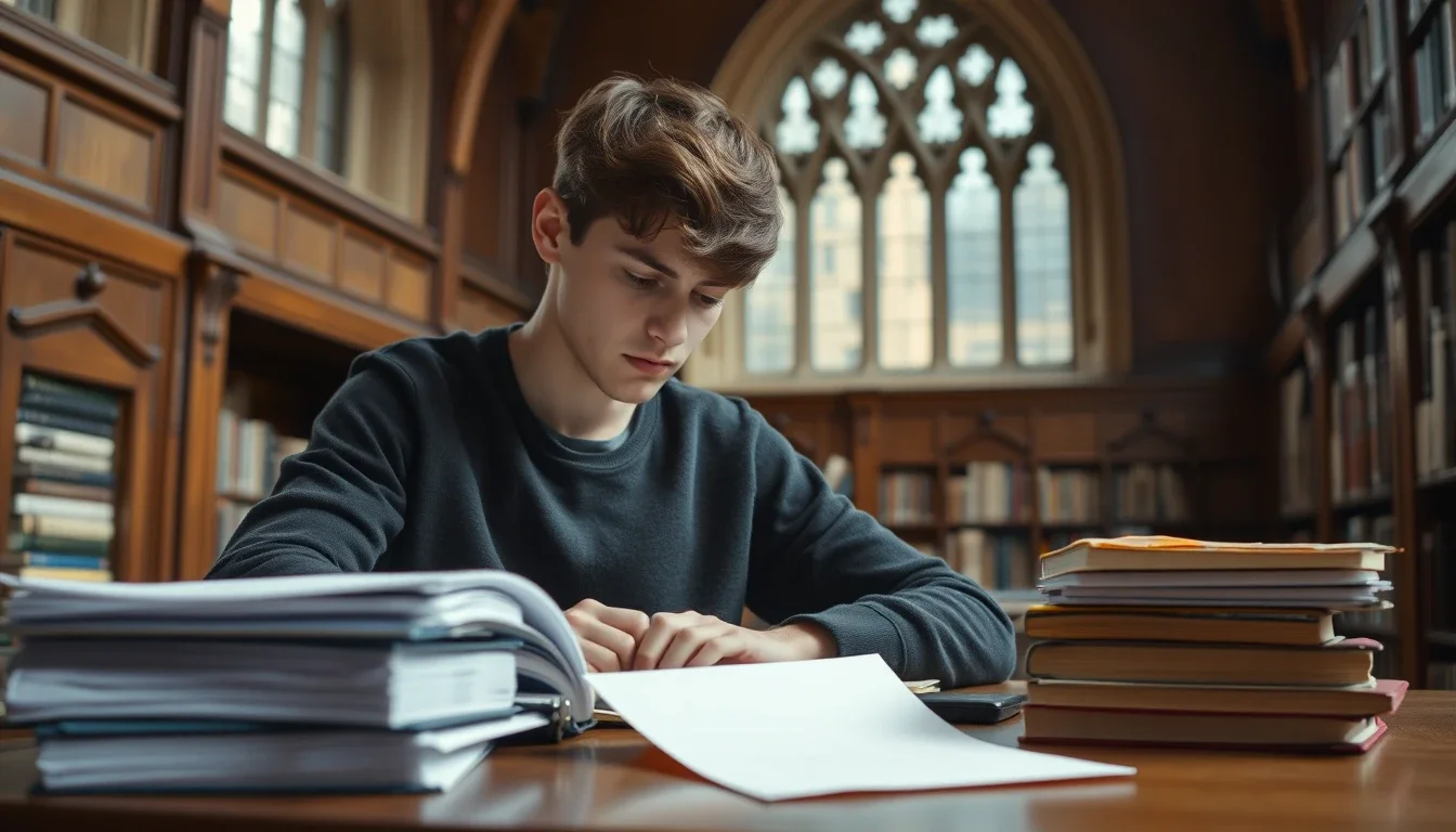 A young student sits at a long desk in a wood-panelled university library with a tall Gothic window behind, stacks of books and loose papers in front of him, an American studying at a UK university