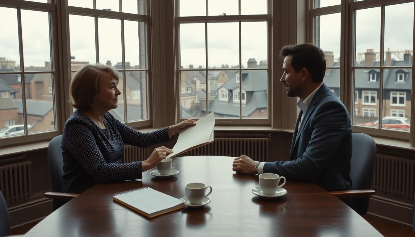 A woman passing a folder of papers across a round wooden table to a man in a suit during a first meeting in a London office, cups of tea on the table and slate roofs and chimneys through the bay windows, the kind of conversation in which an American in London chooses who will prepare their US return