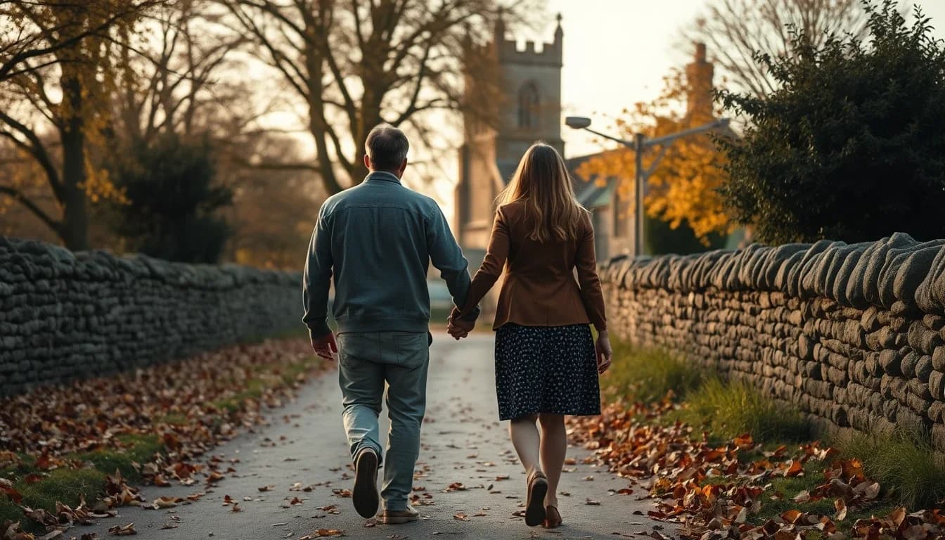 A man and a woman seen from behind walking hand in hand down a leaf-strewn lane between dry stone walls towards a village church tower in autumn light, a family in England after the death of a parent whose estate both countries may claim to tax