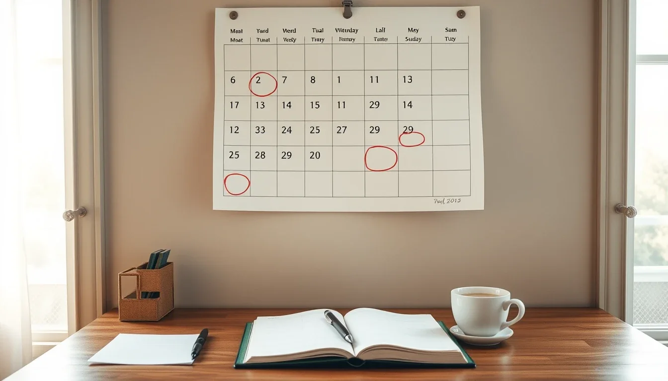 A wall calendar and a desk diary used to plan US and UK tax return deadlines through the year