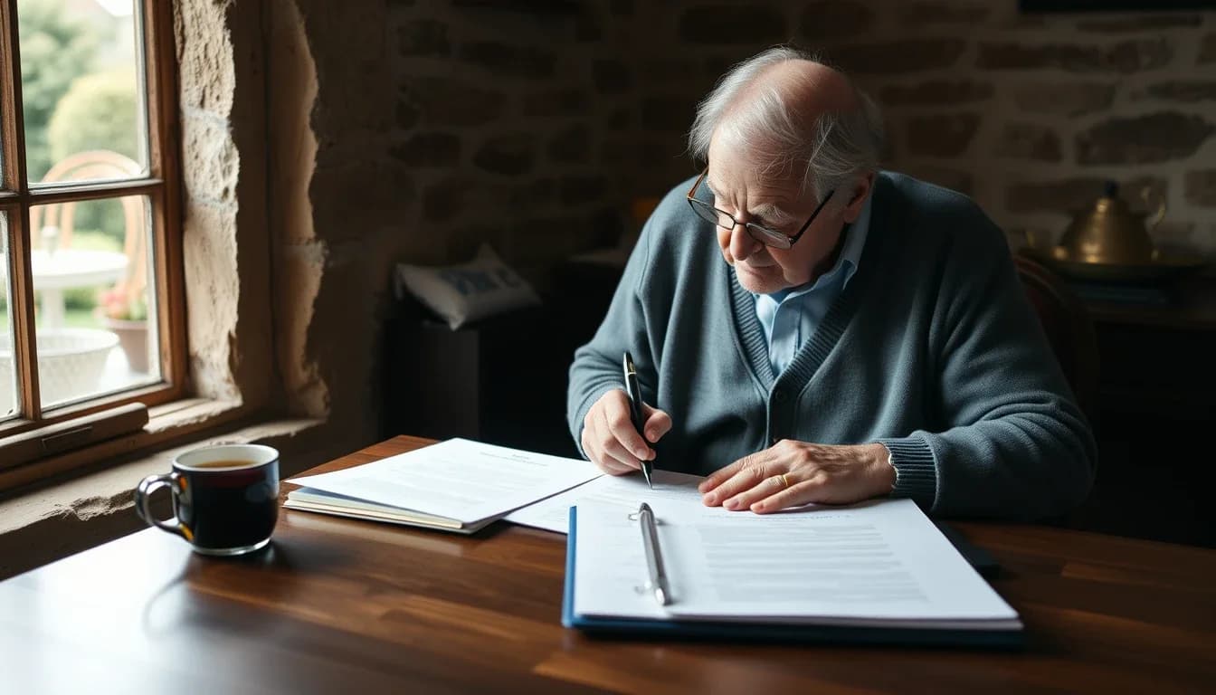 An elderly man in a cardigan and glasses signing a form with a pen at a wooden table in a stone cottage, a mug of tea and a binder of papers beside him and a garden through the small window, a British investor completing a W-8BEN for his US shares