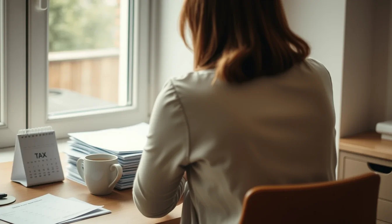 A woman at a desk by a window with a stack of tax papers, a desk calendar and a mug of tea, working out whether to prepare her US or UK tax return first